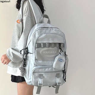 簡約大容量雙肩包：新款學生背包/電腦旅行背包，適合初高中生, 米白色加強版【面料加厚防水更耐用】,書包+扭扭結