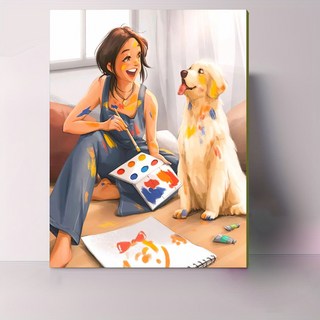 鬱金香花朵數字油畫 DIY填色兒童手繪填充風景畫, SJ024我的金毛,50*60CM帶內框+畫筆顏料, 1個