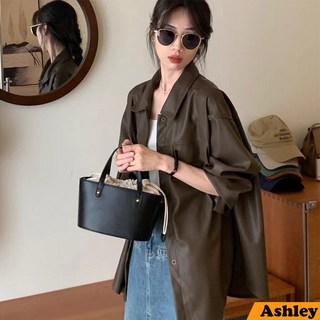 美拉德穿搭 仿羊皮復古咖色PU皮衣機車服外套女 寬鬆版 羊皮質感翻領 拉鍊皮衣外套 皮外套 帥氣套裝女