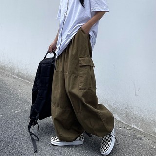 多口袋工裝褲男 春秋美式復古寬鬆直筒闊腿褲 抽繩束腳休閒長褲