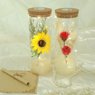 LUCKYOO 유리병 꽃다발 생일 기념일 선물 비누꽃 LED 무드등, 옐로우, 1세트