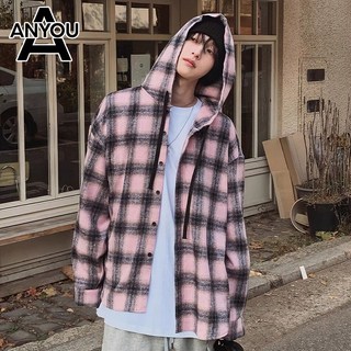 ANYOU 남성 봄가을 셔츠 체크 후드 남방 루즈핏 롱슬리브 구김없는 데일리 캐주얼 스트릿 스타일 상의 코트