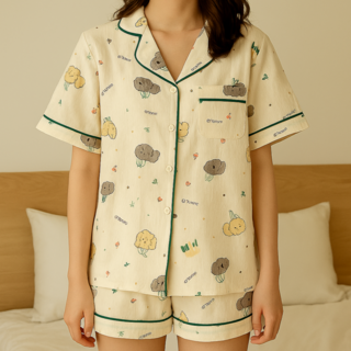 여성용 귀여운 강아지 패턴 반팔 잠옷 상하의 세트