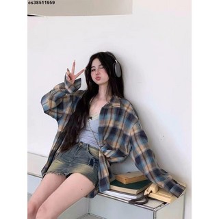 復古慵懶感長袖格子襯衫女春秋外搭寬鬆襯衣上衣