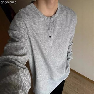 灰色亨利領長袖t卹男春秋季美式體恤衫華夫格寬鬆休閒內搭打底衫