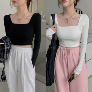 에르모소 1+1 여성 스퀘어넥 크롭 긴팔 티셔츠 여름 사계절 크롭티 H-C035