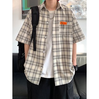 男士夏季格子短袖襯衫 寬鬆百搭 韓版潮流襯衣 外套