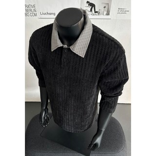 假兩件式格紋領條紋長袖T恤, 黑色