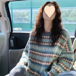 秋冬新款韓版菱格毛衣 - 寬鬆設計感小眾針織上衣