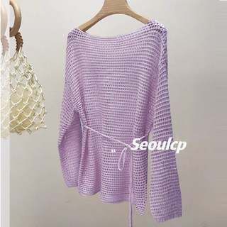 《杜達女孩》托斯卡納的夏天 腰帶鏤空中長版上衣 長袖鏤空上衣 透視洞洞上衣 露肩寬鬆上衣 春裝秋裝 防曬網狀罩衫上衣 女, 紫色