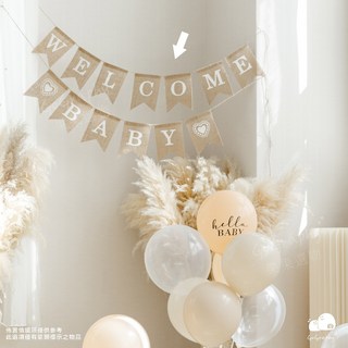 性別派對性別揭曉佈置包 猜性別道具 氣球盒 性別揭示 性別趴佈置包 派對道具 性別佈置寶猜性別 拍照道具, Welcome baby 亞麻拉旗, 1個