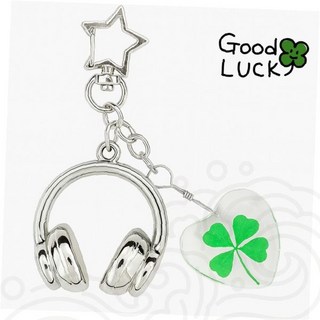 헤드셋 키링 네잎클로버 행운 키홀더 투명하트 별고리 체인, 1개, Y2K 럭키 헤드셋 키링