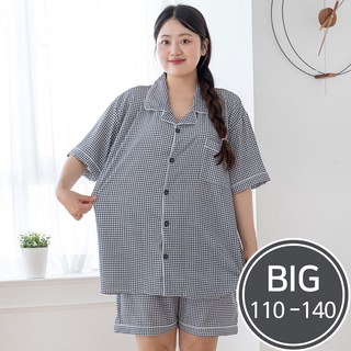 2596 남여공용 빅사이즈 아사체크 카라 반팔잠옷세트