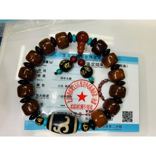 天然藏傳老礦 爆老黑白至存綠度母天珠 牛骨串珠設計款手串 (附中國證書)