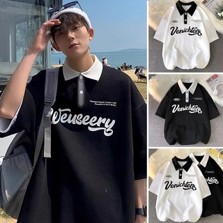 美式復古POLO衫潮牌短袖T恤，夏季男女款寬鬆五分袖翻領上衣，黑白雙色可選, 小清新-白色-設計感【不起球】,L【52-60公斤】