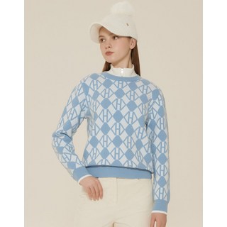 100%정품 헤지스 골프 여성 긴팔 니트 가격인하블루 하이넥 자카드 방풍 풀오버 여자골프니