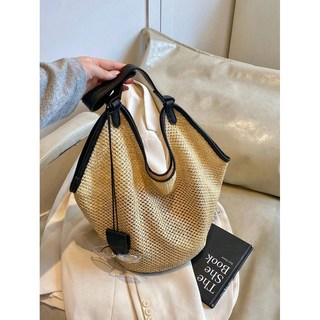 女士草編夏季托特包 時尚純色休閒度假沙灘包 簡約復古超大單肩水桶包