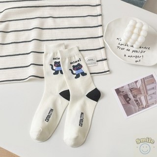 貓咪條紋中筒襪 舒適薄款 春夏純棉 日系可愛黑白襪子