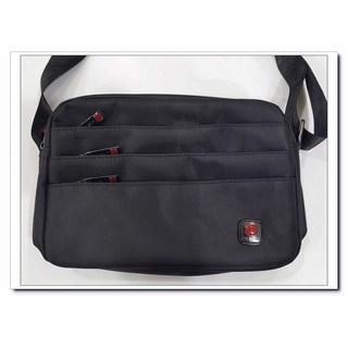 新款 9285# 斜背包 7條拉鍊 經典款 多拉鍊設計 多口袋 加強車線 外出休閒斜背包, 小號24x17黑(防水尼龍)紅拉頭