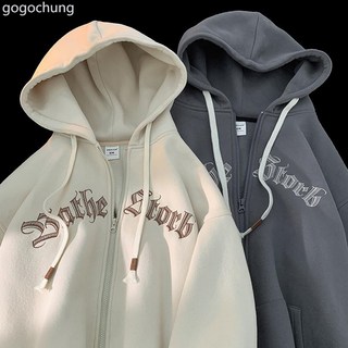 奶杏色衛衣開衫女慵懶風連帽外套oldschool美式設計感小眾棒球服