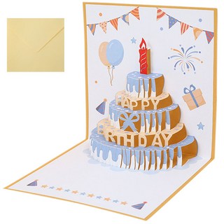 투데이리빙 생일 축하 녹음 카드 3D 입체 팝업 목소리 편지 선물 감사 초대 멜로디 미니 엽서 케익 케이크 토퍼 만들기 편지지 봉투, 1개, 블루 골드