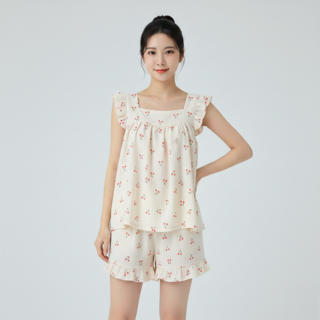 데일로엔 여성 프릴 스퀘어 넥 민소매 반바지 잠옷 투피스 세트 홈웨어 파자마