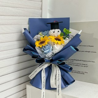 超暖心IG網美同款玩偶花束 波波球畢業生日情人節禮物 史黛拉兔草莓熊, 微笑乒乓菊+禮物袋（藍）, 1個