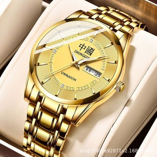 UNRAION 男士雙日曆商務石英腕錶，復古鋼帶，金色