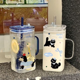 夏季杯子 吸管杯 2025新款超大容量玻璃杯學生高顏值ins水杯家用耐高溫帶把手杯子水杯, 1個, 900ML臘腸小狗+400ML蝴蝶結小貓,藍款把手-單杯+玻璃吸管+透明蓋子