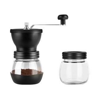 手動咖啡研磨機 陶瓷磨芯 玻璃容器 便攜式家用/旅行適用, 手搖研磨主機+儲豆罐