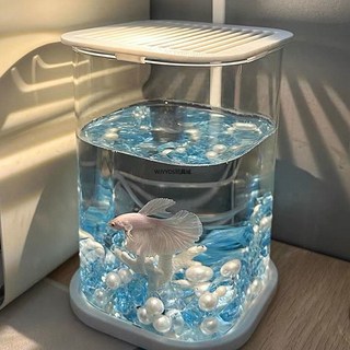 桌面魚缸 水族箱 玻璃小魚缸冰晶石桌面創意生態斗魚缸珍珠碎鉆景觀缸裝飾造景全套 迷你魚缸 小型魚缸, 1個