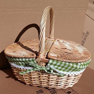 【格森】藤編田園有蓋野餐籃子水果籃禮品籃編織籃子手提收納筐野外露營籃, 原色35*25綠格子, 1個