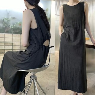 IBOY UGIRL XU0126C 여성 여름 슬림핏 린넨 허리끈 롱 원피스