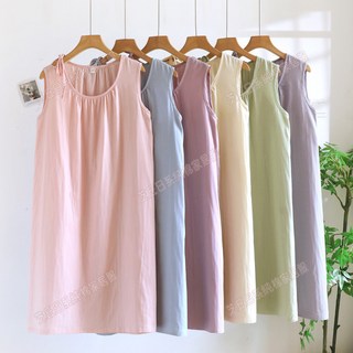 最新爆款棉質雙層紗布無袖連身睡裙女夏季簡約休閒可外穿背心裙圓領套頭洋裝振風