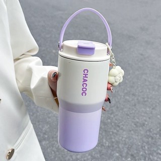 【台灣公司現貨】手提冰霸杯 保溫杯 保溫瓶 咖啡杯 304不鏽鋼保溫杯 隨手杯 環保杯 隨行杯 水壺, 1個, 夢幻漸層【紫600ml】雙飲口+送吊飾, 夢幻漸層【紫600ml】, 600ml