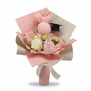 可愛畢業玩偶香皂花束，兔子造型，附畢業帽，2款花色，尺寸約27*38CM, 畢兔粉, 1件