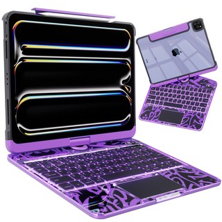 AITEWO 아이패드 키보드 케이스 일체형 360도 회전 다각도 조절 투명 케이스 트랙패드 세트 펜슬수납 한국어 매직키보드 에어/프로 10.9/11/12.9/13인치 호환, 투명 퍼플, 1개