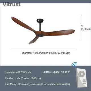 원격 제어 및 DC 모터가 장착된 목재 천장 팬 조용한 에너지 절약 3개의 단단한 나무 블레이드 펜던트 조명, 07 Brown No Lamp, 04 Dia 70 inch, 01 Remote Remote