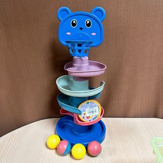 翔翼玩具 熊熊小朋友快樂益智滾滾球 溜滑梯轉轉樂 滾球籃球 螺旋滑梯軌道滾球台疊疊樂, 1個, 熊熊 滾滾球(顏色隨機)13-4831