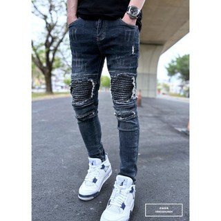 老爺有喜 重磅深藍機車補丁小直筒牛仔褲 彈性抽鬚 顯瘦修身窄管 補丁破壞牛仔褲(NOF22093681)