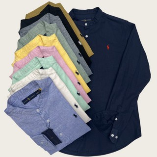 （附送手提紙袋）美國POLO RL亨利領襯衫 棉麻材質 商務休閒上衣 長袖襯衫 時尚男裝 純色淨色 百搭男士打底衫