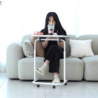 이동식 쇼파 사이드 테이블 높낮이 조절 보조테이블 각도조절 노트북 테이블 미니 원목 침대용 침대, 화이트