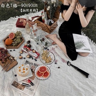 露營用品野餐墊法式文藝ins民族風戶外露營防水防潮墊加厚野餐佈網紅拍照, 90*90cm白色T格 【拍照裝飾】