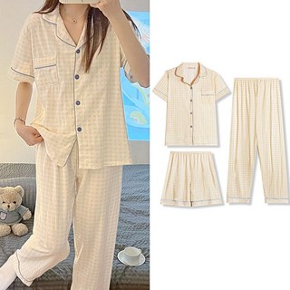 여성 사계절 잠옷 체크 반발 반바지 긴바지 홈웨어 상하 3종 파자마세트