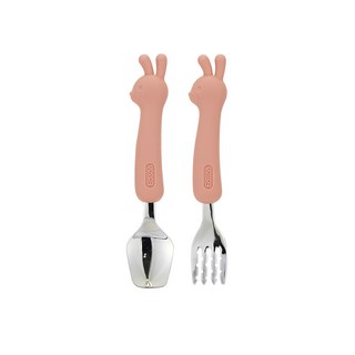 에디슨 유아용 실리콘 스푼 포크 케이스 2종 세트, 스푼 + 포크 + 케이스, 1세트, 토끼 핑크