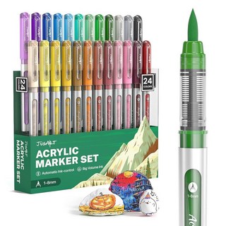 JusArt 캔버스 백이 있는 36가지 색상 아크릴 페인트 마커 자동 잉크 컨트롤이 수성 번지지 않는 펜 호박 바위 목재 원단 유리 DIY 공예용 방수 브러시 팁, 24가지 색상