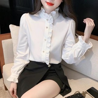 白色長袖立領雪紡襯衫女，中國風木耳領法式復古打底衫上衣