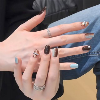 DFMEI 手工穿戴甲裸棕波點珍珠閃粉高級感女士短款復古風穿戴式甲片, 1組, BY2519仙姿玉貌:手工甲S碼#10片/袋【贈送工具包】