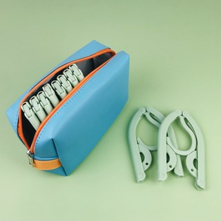 旅行折疊衣架 多功能便攜式晾衣架 台灣現貨 18h出貨 出國旅遊必備神器 家用折疊衣架, 1個, 藍包+北歐綠衣架10個