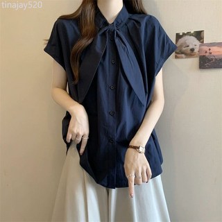 韓系純色立領短袖襯衫女夏季溫柔寬鬆襯衣設計感chic百搭上衣